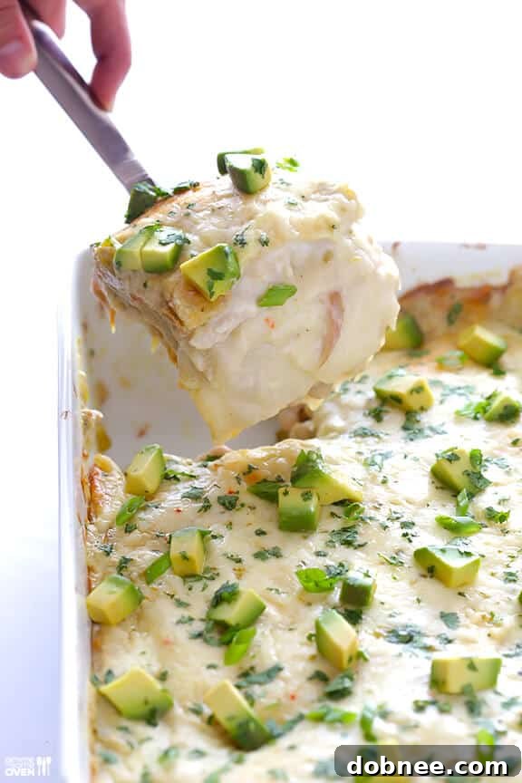 Close-up of a serving of White Chicken Enchilada Casserole