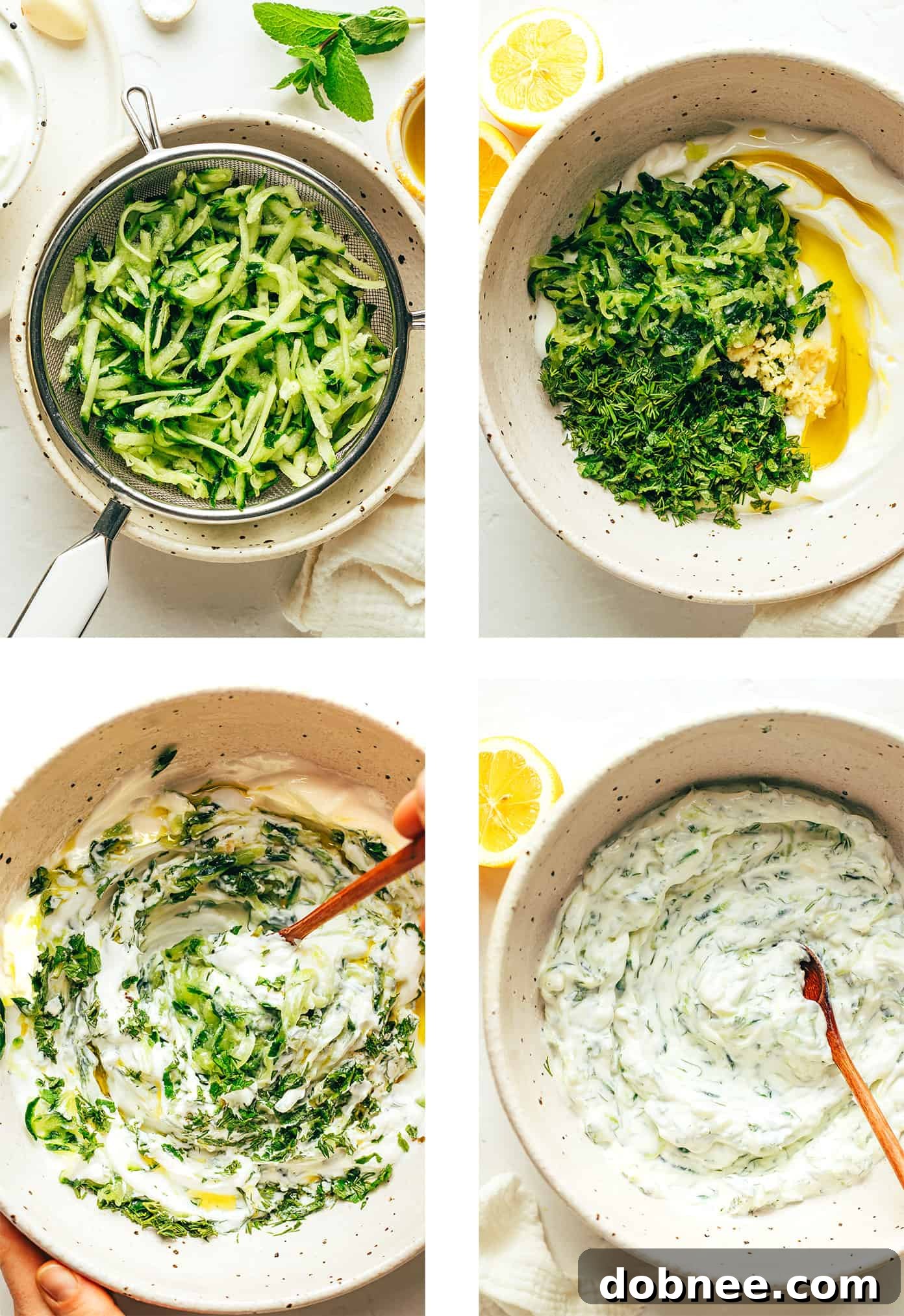 Refreshing Cucumber Yogurt Dip 4 A bowl of thick, creamy Greek yogurt, forming the rich and tangy base of the homemade Tzatziki recipe.