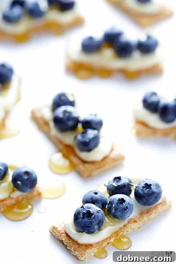 Simple steps to make a quick blueberry cheesecake bite with Laughing Cow cheese and graham crackers.
