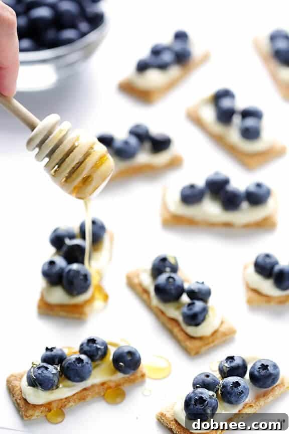 Adding fresh blueberries to the cheese-spread graham cracker.