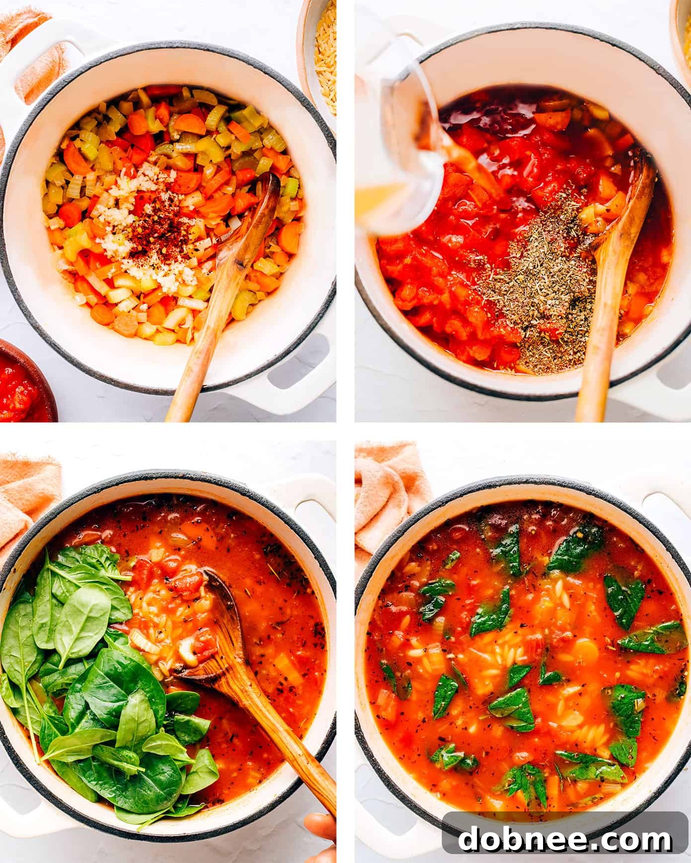 Step-by-step instructions for preparing homemade orzo soup, from sautéing to simmering