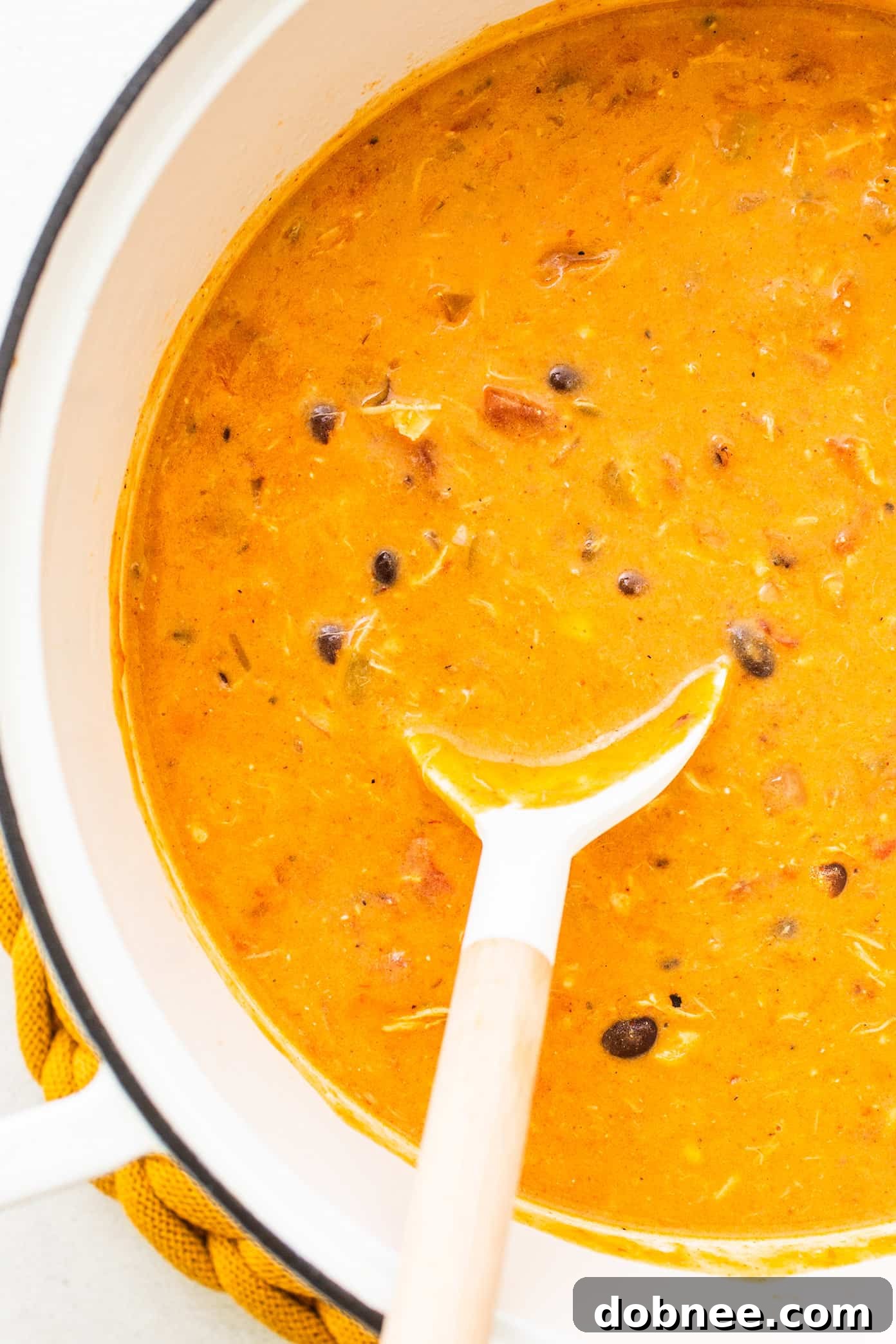 Close-up of bubbling Cheesy Chicken Enchilada Soup in a pot