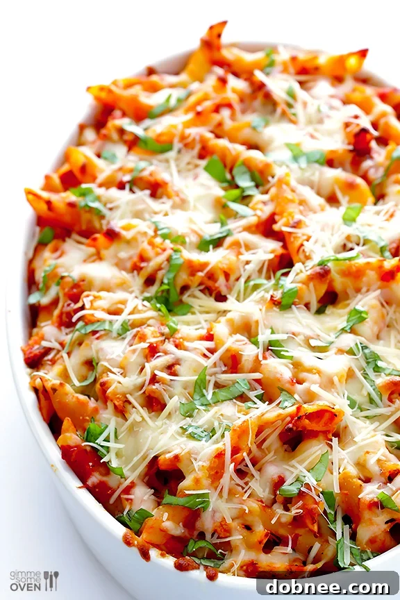 Close-up of freshly baked Chicken Parmesan Ziti, ready to be served.