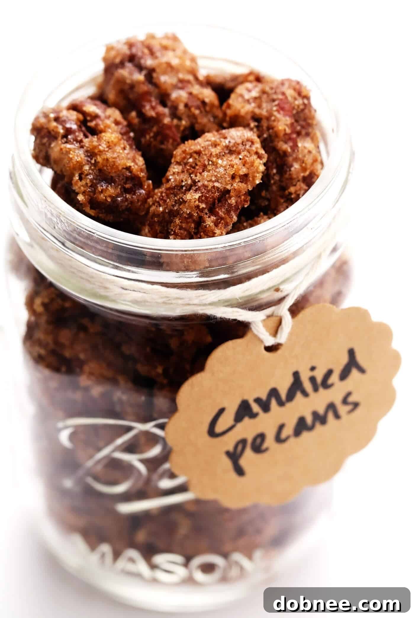 Candied Pecans in Mason Jar for Gifting with Kraft Label