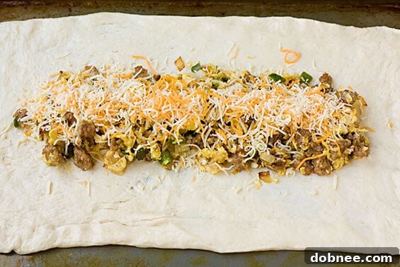 Close-up of baked Easy Breakfast Braid showing cheese and sausage