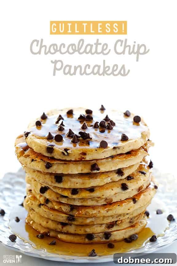 Guiltless Chocolate Chip Pancakes: A beautiful platter of lightened-up chocolate chip pancakes, ready to be enjoyed as a wholesome breakfast.