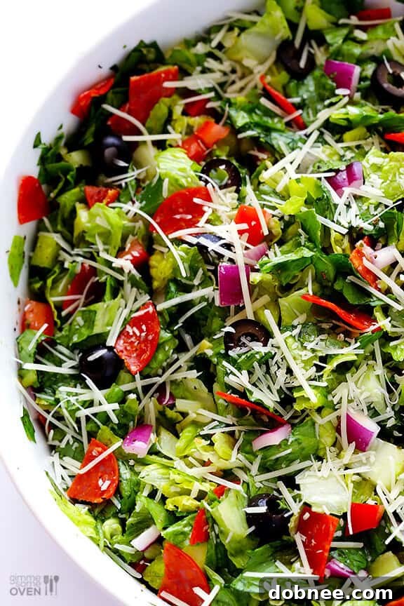 Close-up of fresh Pepperoni Italian Chopped Salad ingredients