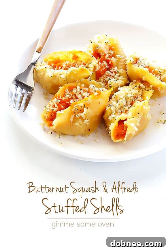 Butternut Squash Alfredo Stuffed Shells, a healthy and comforting pasta dish.