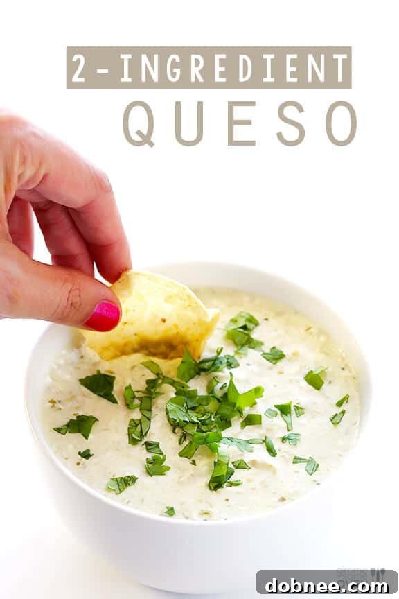 Delicious 2-Ingredient Queso Dip with Salsa Verde and Cream Cheese, served with tortilla chips.