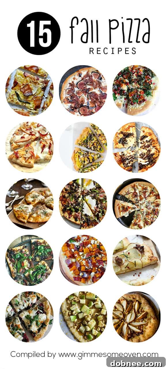 A vibrant collection of fall-themed pizzas, showcasing autumnal ingredients like squash, apples, and hearty cheeses. Perfect for seasonal gatherings or a cozy night in.