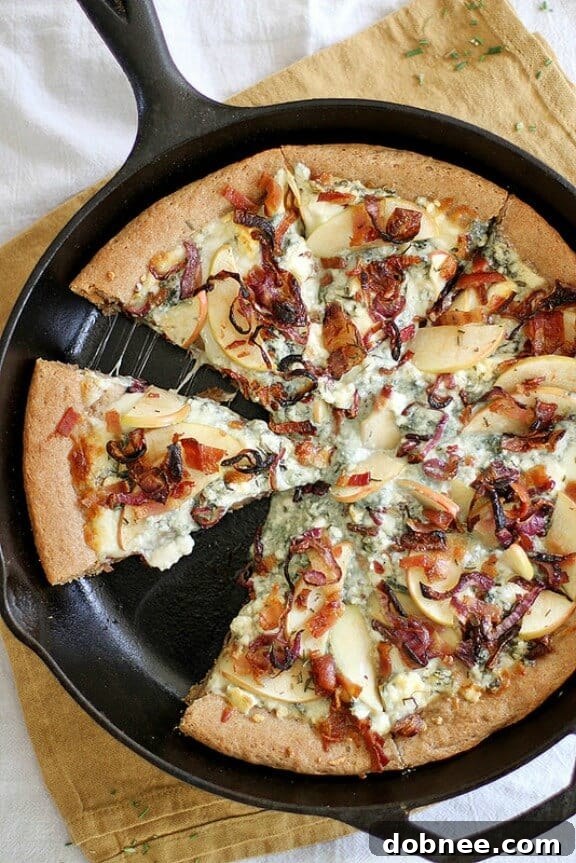 Caramelized Apple, Bacon & Blue Cheese Pan Pizza, a bold and flavorful fall pizza recipe.