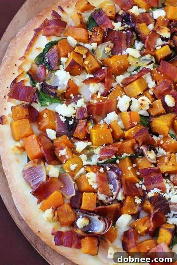 Butternut, Bacon, Spinach and Feta Pizza, a wholesome and hearty fall pizza.
