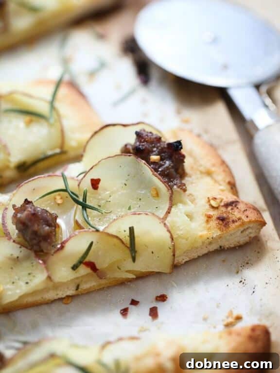 Red Potato, Sausage and Rosemary Fontina Pizza, a rustic and savory fall pizza.