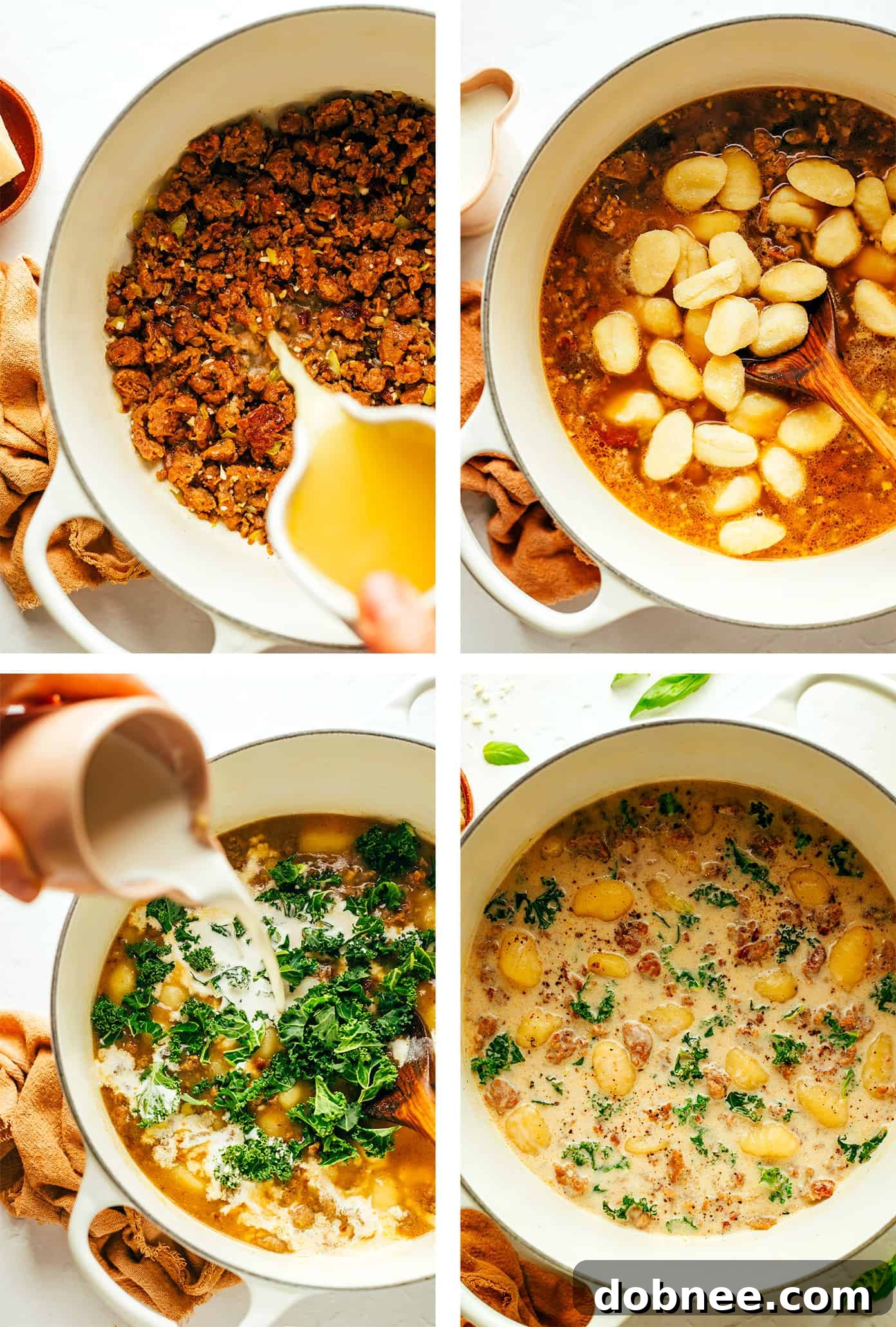 Step-by-step preparation of Zuppa Toscana, showing sausage browning, onions softening, and garlic sautéing in a pot.