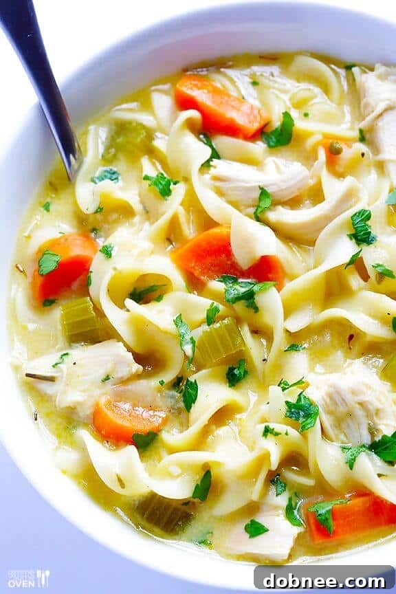 Wholesome and Skinny Creamy Chicken Noodle Soup recipe from Gimme Some Oven