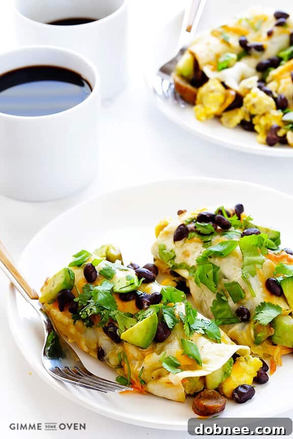 Rise & Shine Enchiladas 7 Overhead view of a baking dish filled with savory Breakfast Enchiladas, perfectly golden and ready to be served for a festive morning meal.