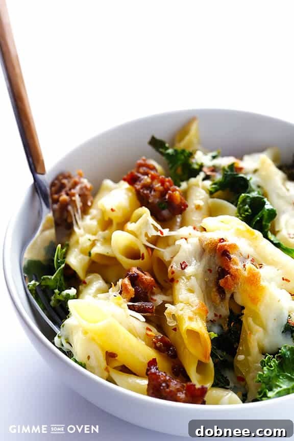 Italian Sausage and Kale Baked Ziti layers - Showing the delicious pasta layers.