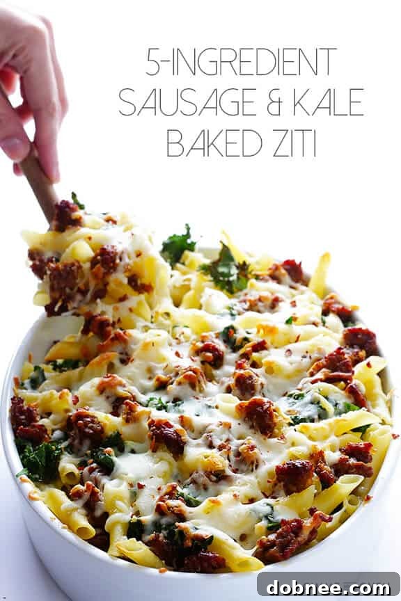Close-up shot of a serving of Italian Sausage and Kale Baked Ziti, ready to eat