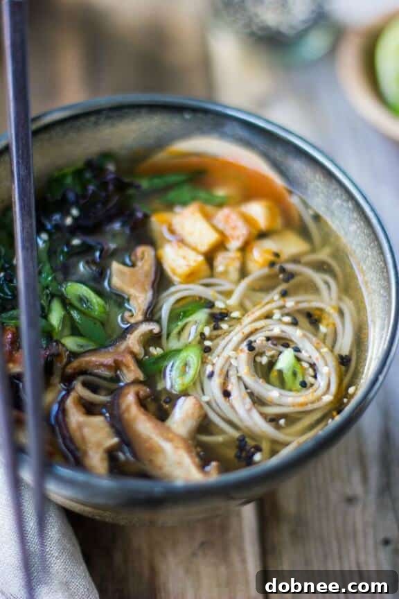 Miso and Soba Noodle Soup with Roasted Sriracha Tofu and Shiitake Mushrooms | bojongourmet.com