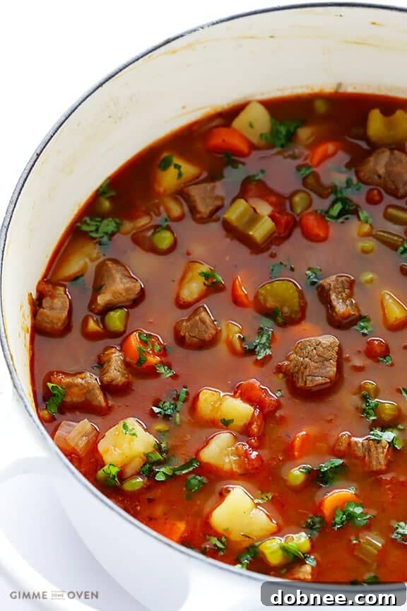 Close-up of hearty Vegetable Beef Soup with tender beef and chunky vegetables