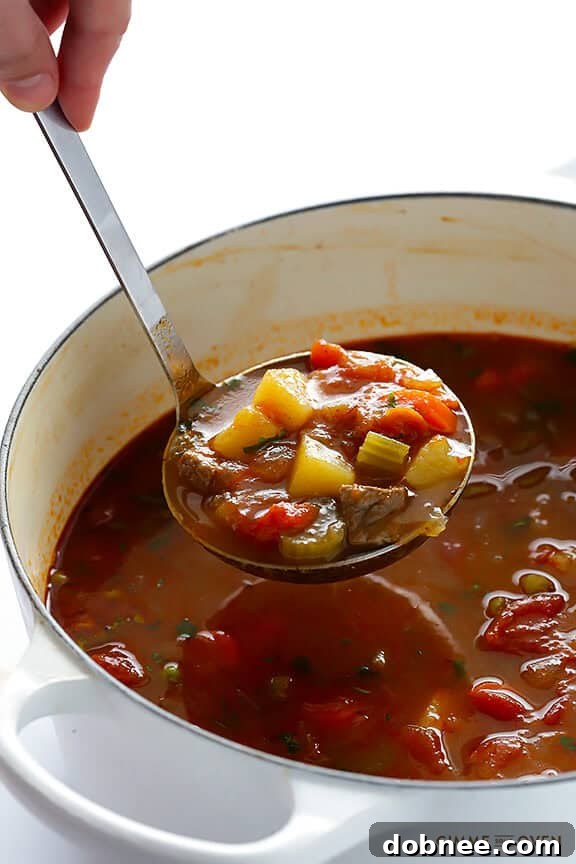 Bowl of Vegetable Beef Soup garnished with fresh parsley