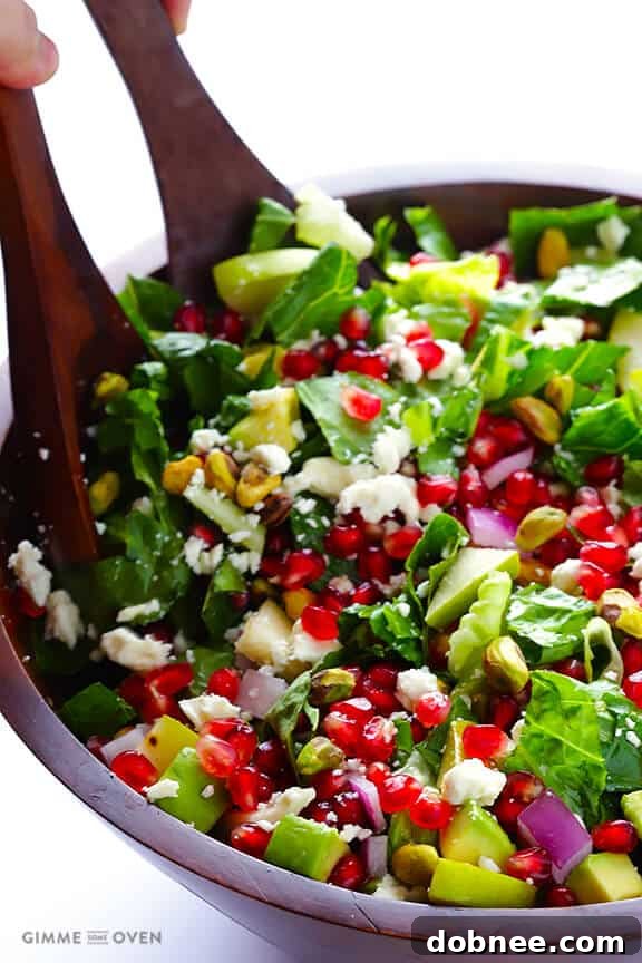 Serve this Pomegranate Pear Avocado Salad as a festive side dish or a light, healthy main course.