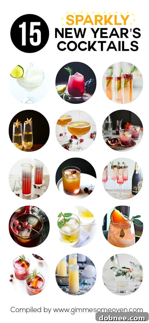 A collection of vibrant sparkling cocktails in festive glasses, ideal for New Year's Eve celebrations