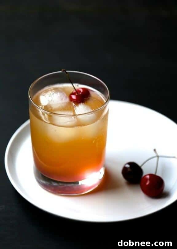 Robust Cherry Ginger Bourbon Fizz cocktail with fresh cherries
