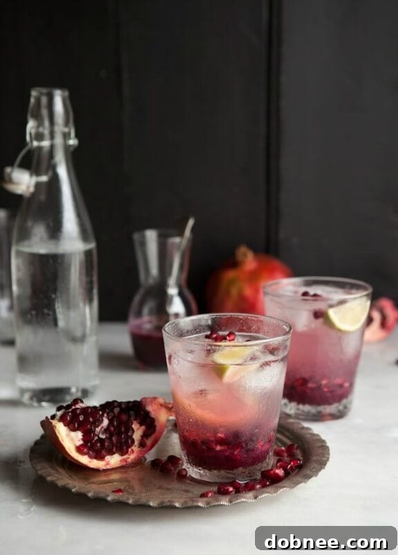 Vibrant Pomegranate and Ginger Spritzer cocktail with a festive garnish