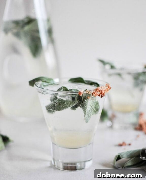 Honey Sage Gin Fizz cocktail in a tall glass with sage garnish
