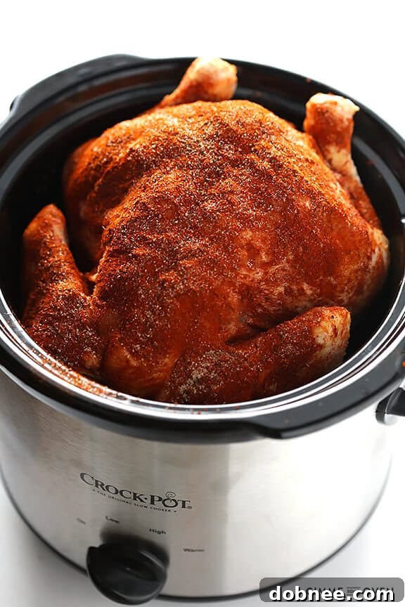 Preparing the Slow Cooker Rotisserie Chicken with seasoning
