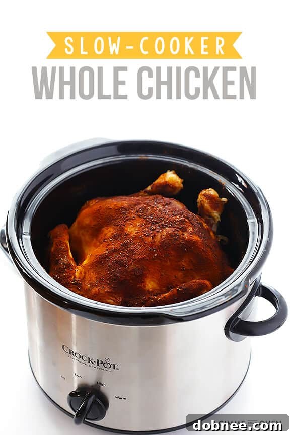 Delicious and tender Slow Cooker Rotisserie Chicken ready to serve