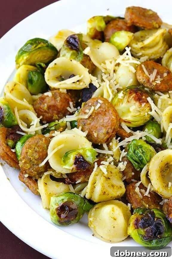 Pesto Pasta with Chicken Sausage and Roasted Brussels Sprouts
