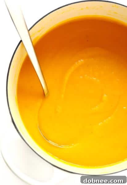 BEST Butternut Squash Soup Recipe - A rich, orange soup in a rustic bowl.