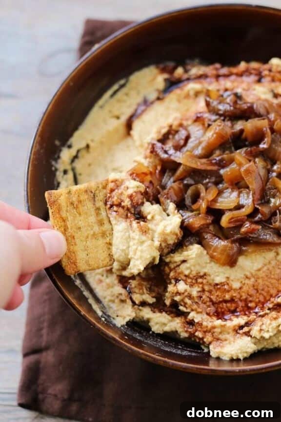 Balsamic Caramelized Onion Hummus | onceuponacuttingboard.com