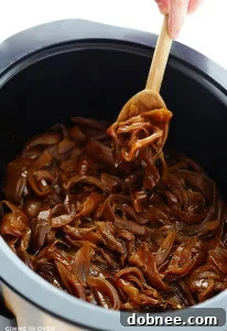 Slow Cooker Caramelized Onions Recipe Card Image