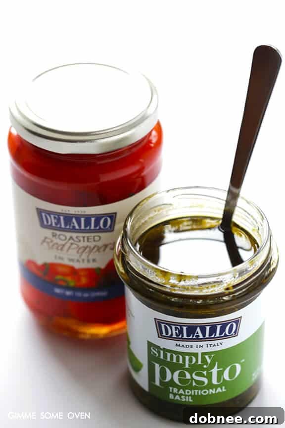 Detailed shot of the Frittata ingredients including roasted red peppers and fresh arugula, ready for baking.