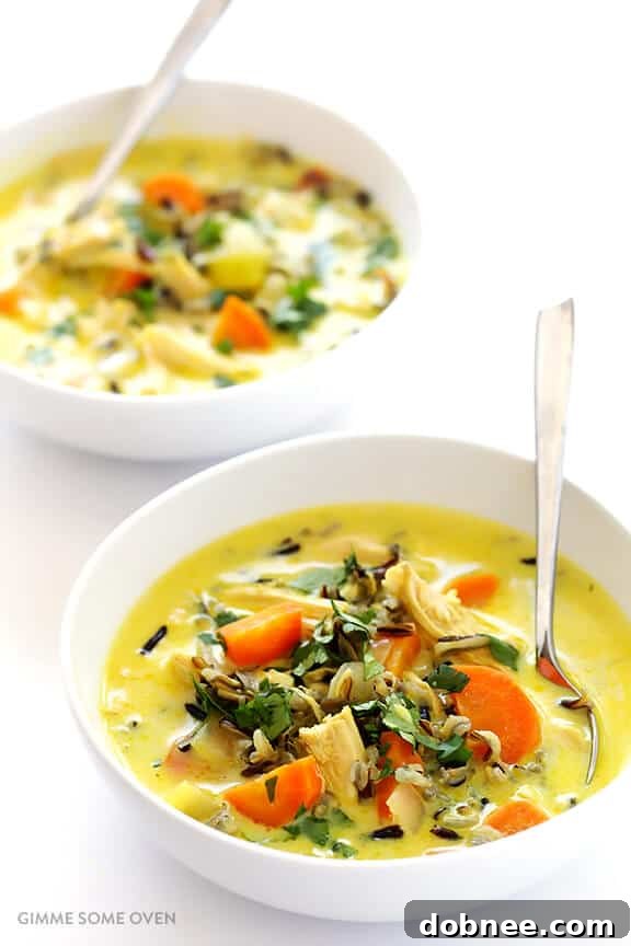 A steaming bowl of Curried Chicken and Wild Rice Soup, garnished with fresh cilantro, ready to be enjoyed on a cold day.