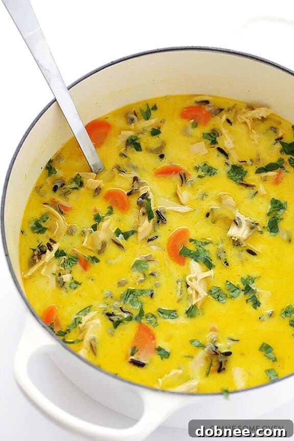 An inviting overhead view of Curried Chicken and Wild Rice Soup in a rustic bowl, showcasing its creamy texture and wholesome ingredients.