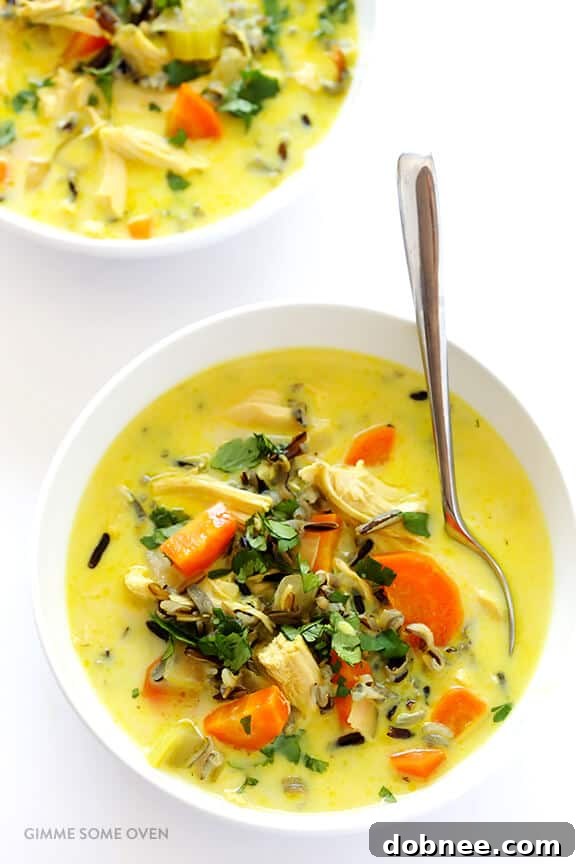 A close-up shot of Curried Chicken and Wild Rice Soup, featuring tender chicken, grains of wild rice, and perfectly cooked vegetables.