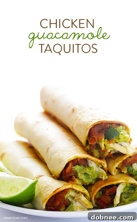 Effortless 5-Ingredient Chicken Guacamole Taquitos 10 Closeup of Chicken Guacamole Taquitos on a Platter with Fresh Ingredients