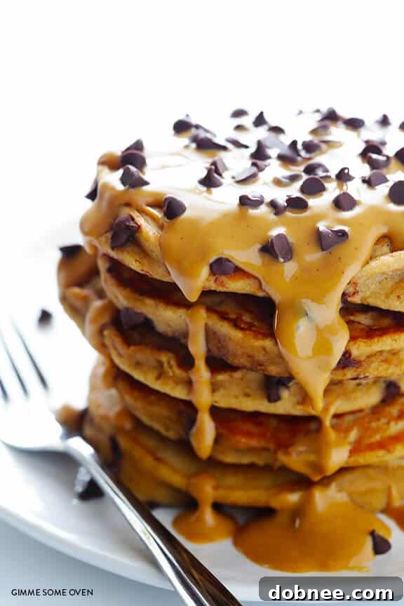 Decadent Whole Wheat Peanut Butter Chocolate Chip Pancakes with Almond Breeze