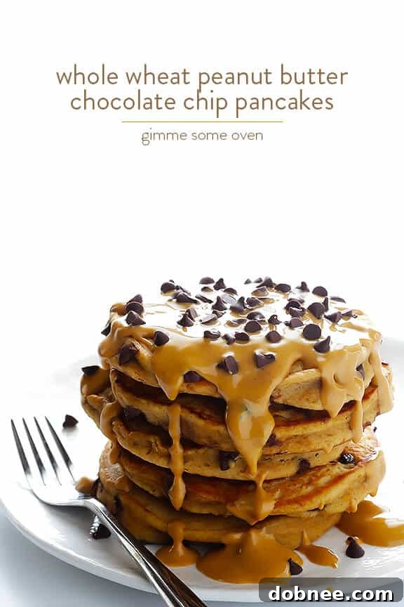 Close-up of fluffy Whole Wheat Peanut Butter Chocolate Chip Pancakes