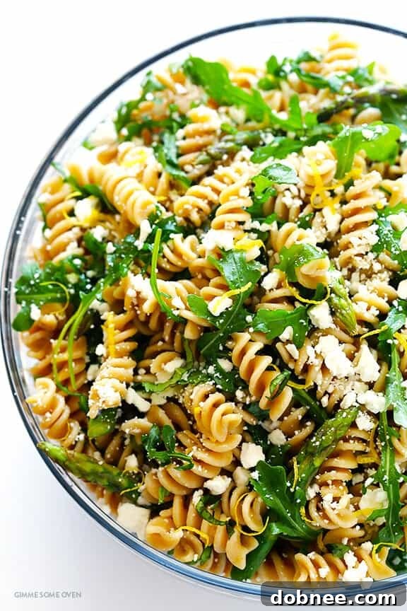 Finished Asparagus and Arugula Pasta Salad in a bowl