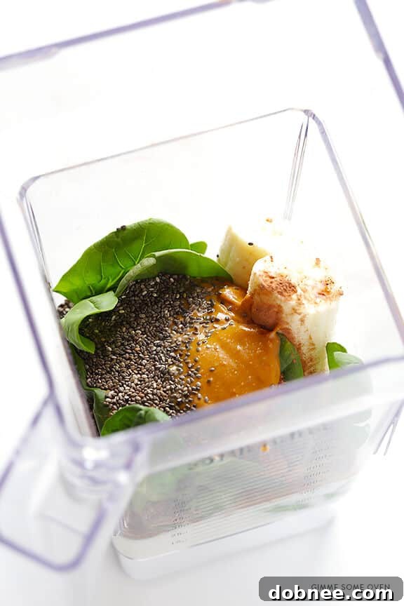 Hidden Greens Choco-PB Indulgence 4 Step-by-step image of adding ingredients to a blender for a healthy green smoothie.