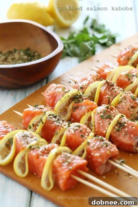 Grilled Salmon Kebabs with lemon and vegetables