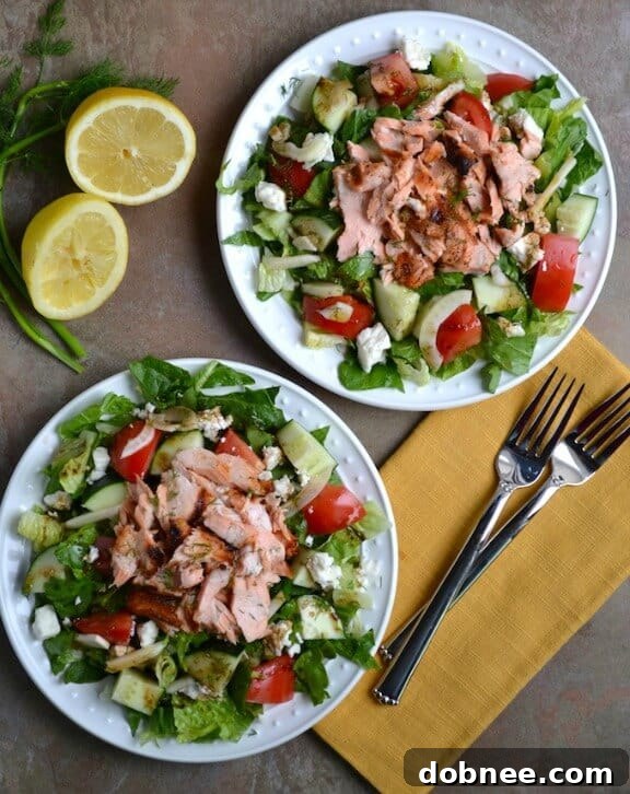 Greek Salmon Salad with fresh vegetables and feta