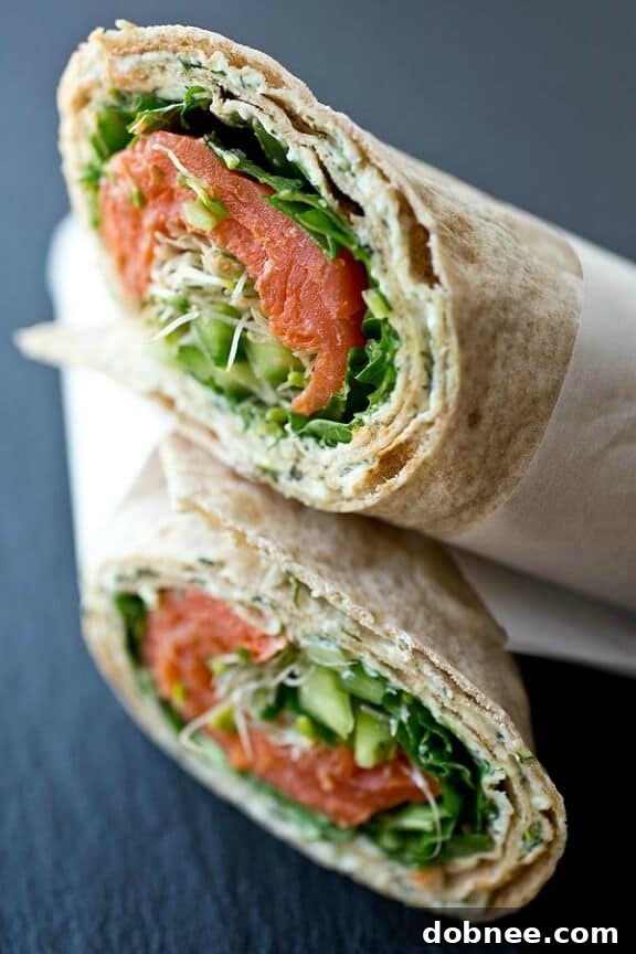 Smoked Salmon Lavash Wrap with Spicy Greens, Fresh Cucumber and Sprouts with Savory Lemon-Dill Cream Cheese Spread