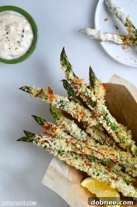 Baked Asparagus Fried with Roasted Garlic Aioli | justataste.com