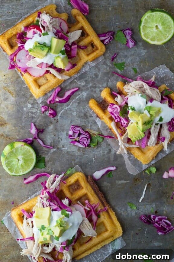 Chipotle-Cornmeal Waffle Tostadas with Chicken & Lime Crema | sweetpeasandsaffron.com